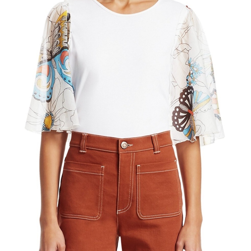 See by Chloé
Organza Sleeve Butterfly-Print Top